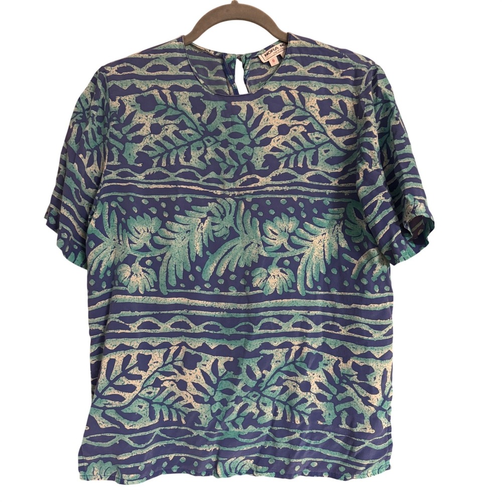 Nora Noh Petite Blue Teal Tropical Silk Blouse Short Sleeve Keyhole Back Size 6P
